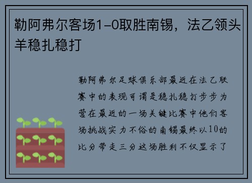 勒阿弗尔客场1-0取胜南锡，法乙领头羊稳扎稳打