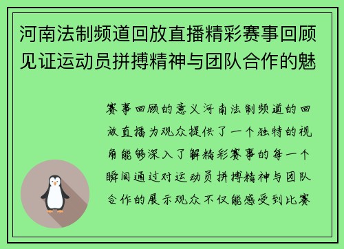 河南法制频道回放直播精彩赛事回顾见证运动员拼搏精神与团队合作的魅力